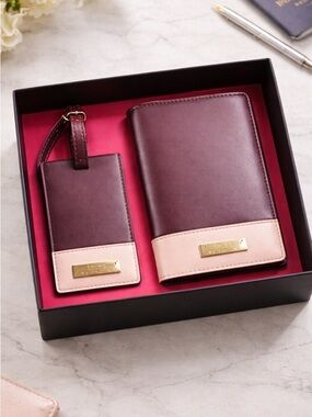 NIB Trina Turk Vegan Leather Box Set Passport Holder & Luggage Set Maroon/Pink
